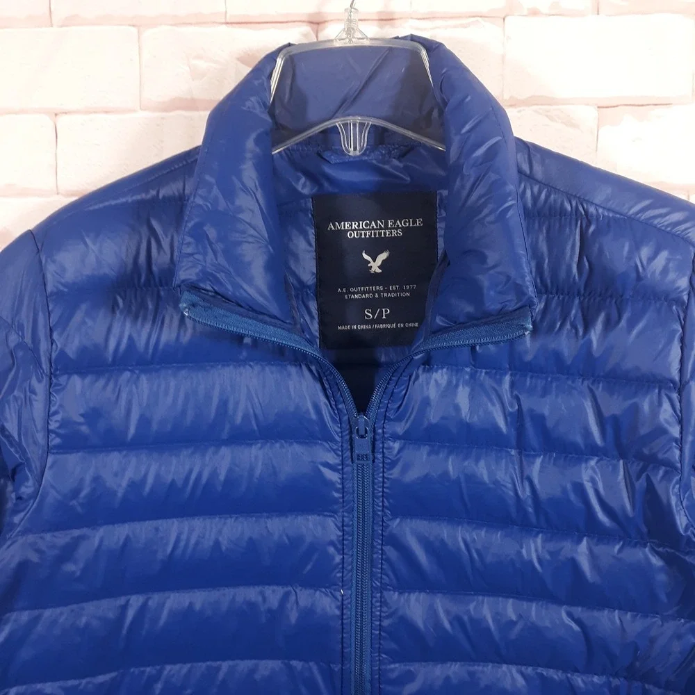 American Eagle Puffer Jacket Duck Down Mens Small Blue Full Zip Nylon